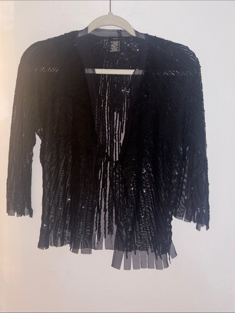 BCBGMaxAzria Black Sequin Fringe Open Shrug